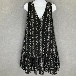 BCBG Paris Mini Dress Sz M Black Ditsy Floral Sleeveless Ruffle Hem Bohemian